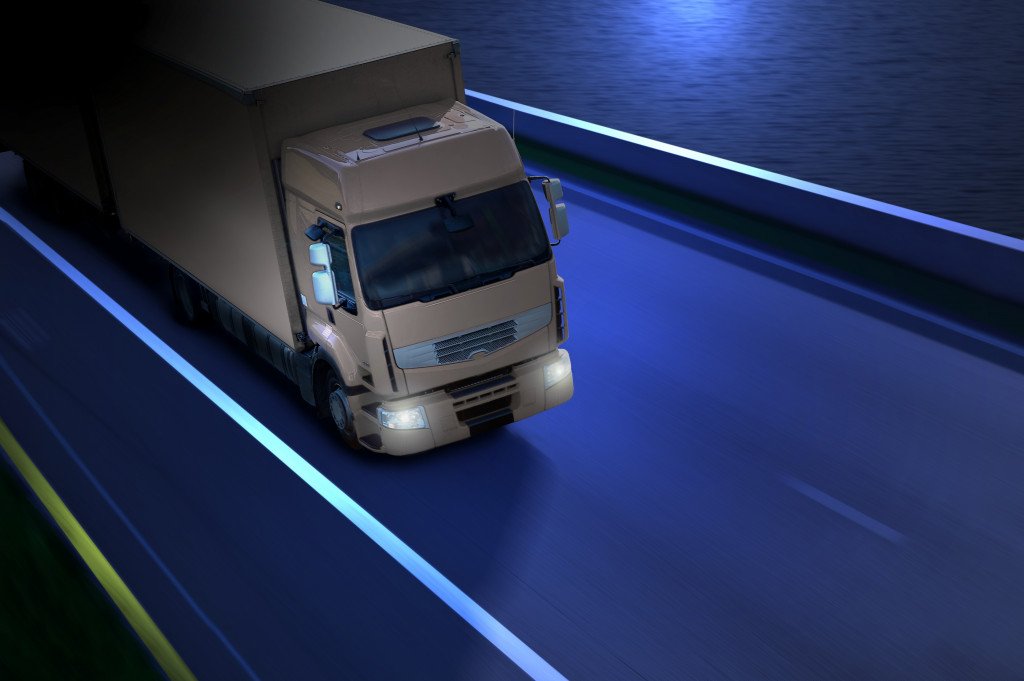 a truck driving at night