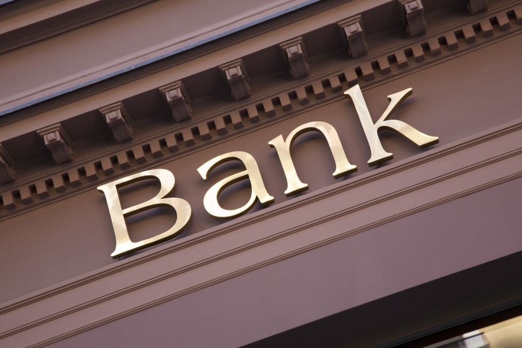 Bank façade with a bank sign
